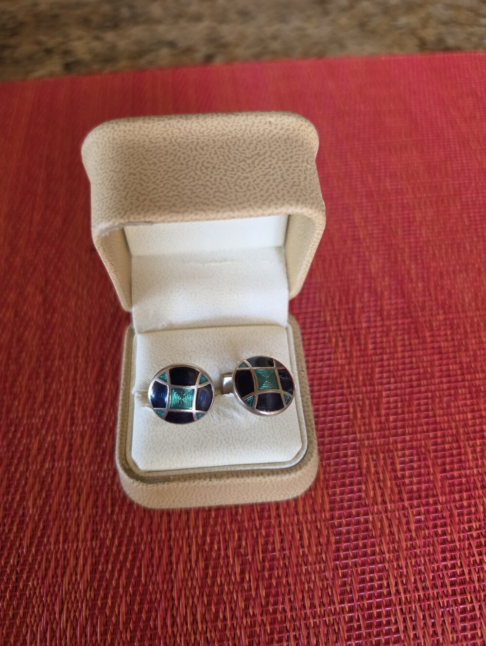 Silver Cufflinks with Green and Navy/Black Enamel - Modern Vibrant Vintage - EUC